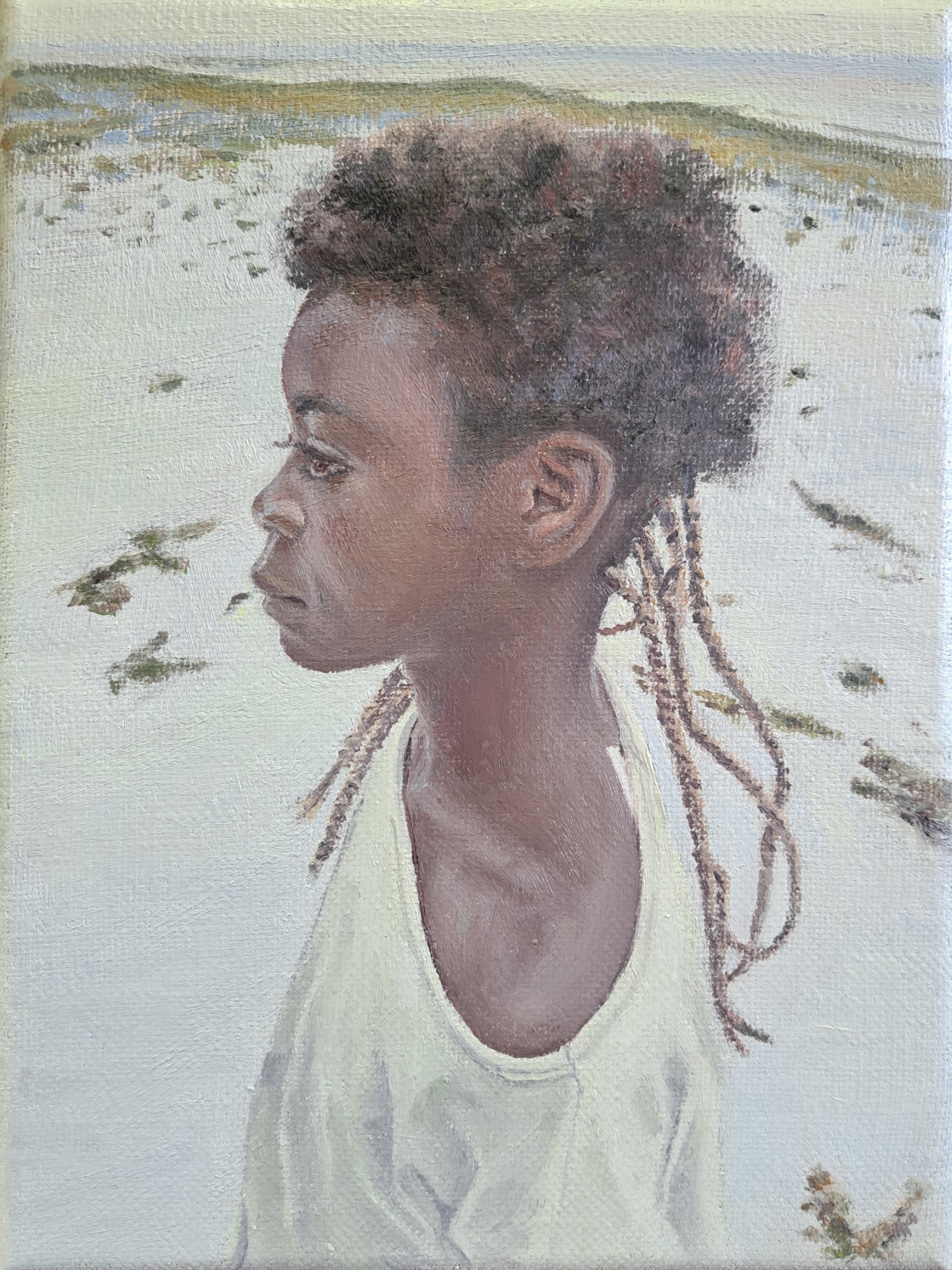 'Chica de Corisco', 'Stoffenman', olieverf/acryl op linnen, 18x24 cm.